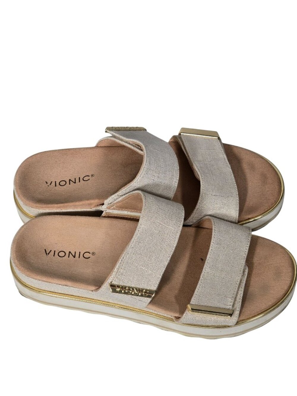 Vionic Womens Beige Platform Sandals With Gold Accents Size 9.5 US